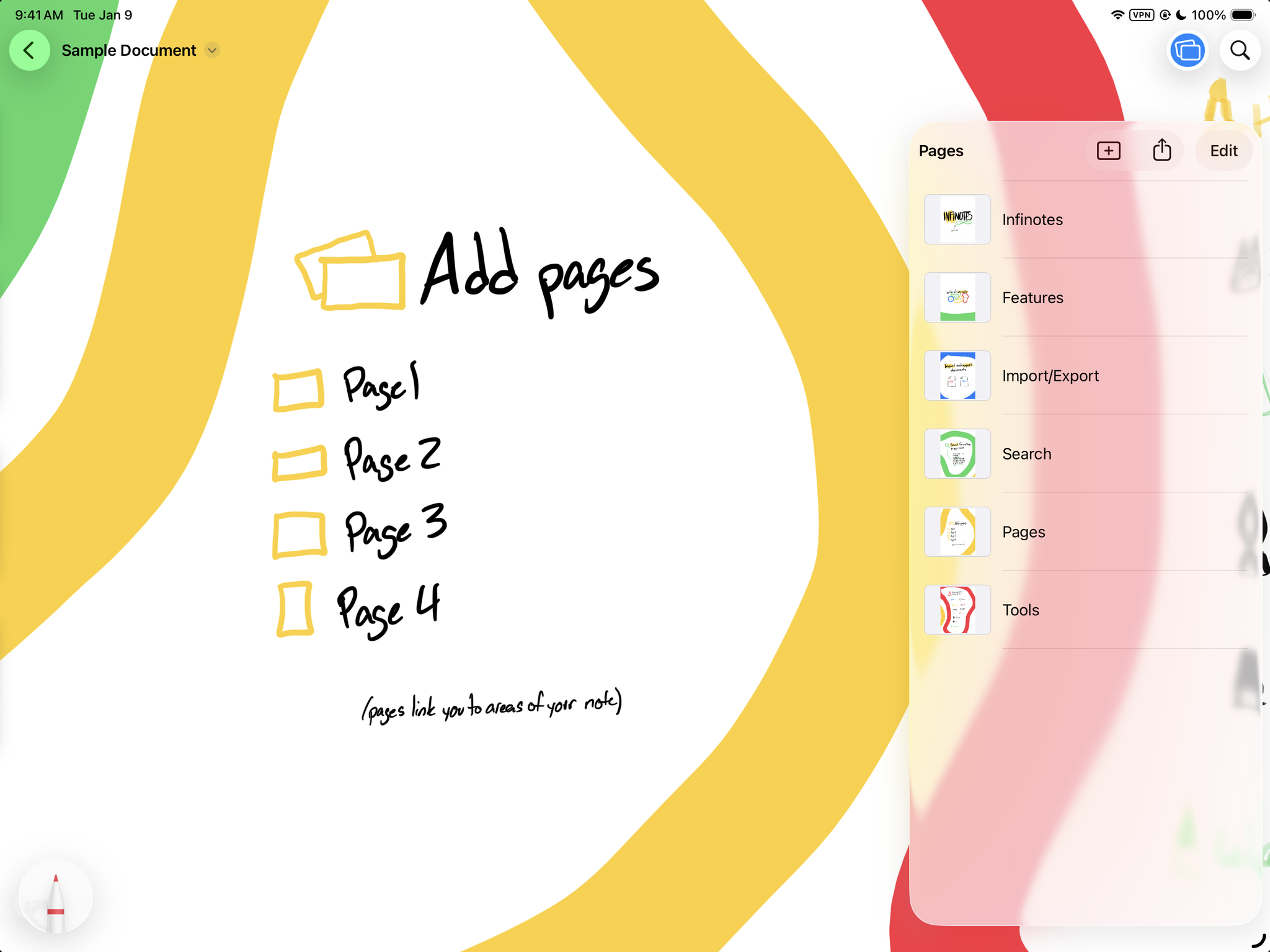 The Pages sidebar in Infinotes, listing pages that link to areas of the note
