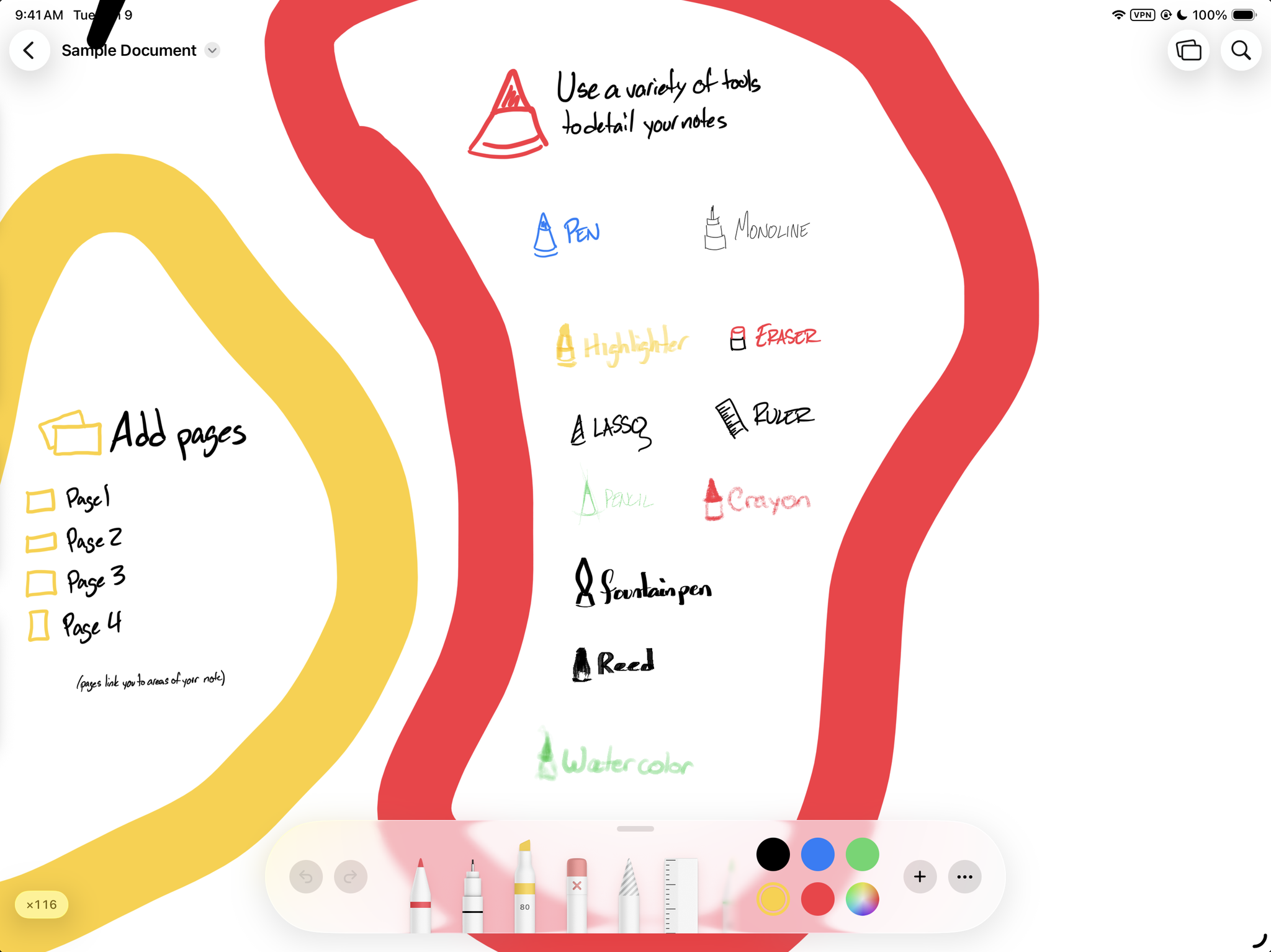 A canvas listing Infinotes drawing tools: pen, monoline, highlighter, eraser, lasso, ruler, pencil, crayon, fountain pen, reed, and watercolor